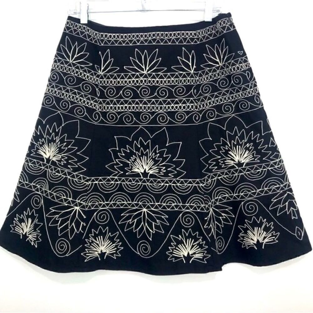 Talbots Black White Embroidered Stitch A Line Bohemian Skirt
